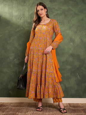 Mustard Floral Tiered Anarkali Kurta Set with Dupatta-Shae by SASSAFRAS