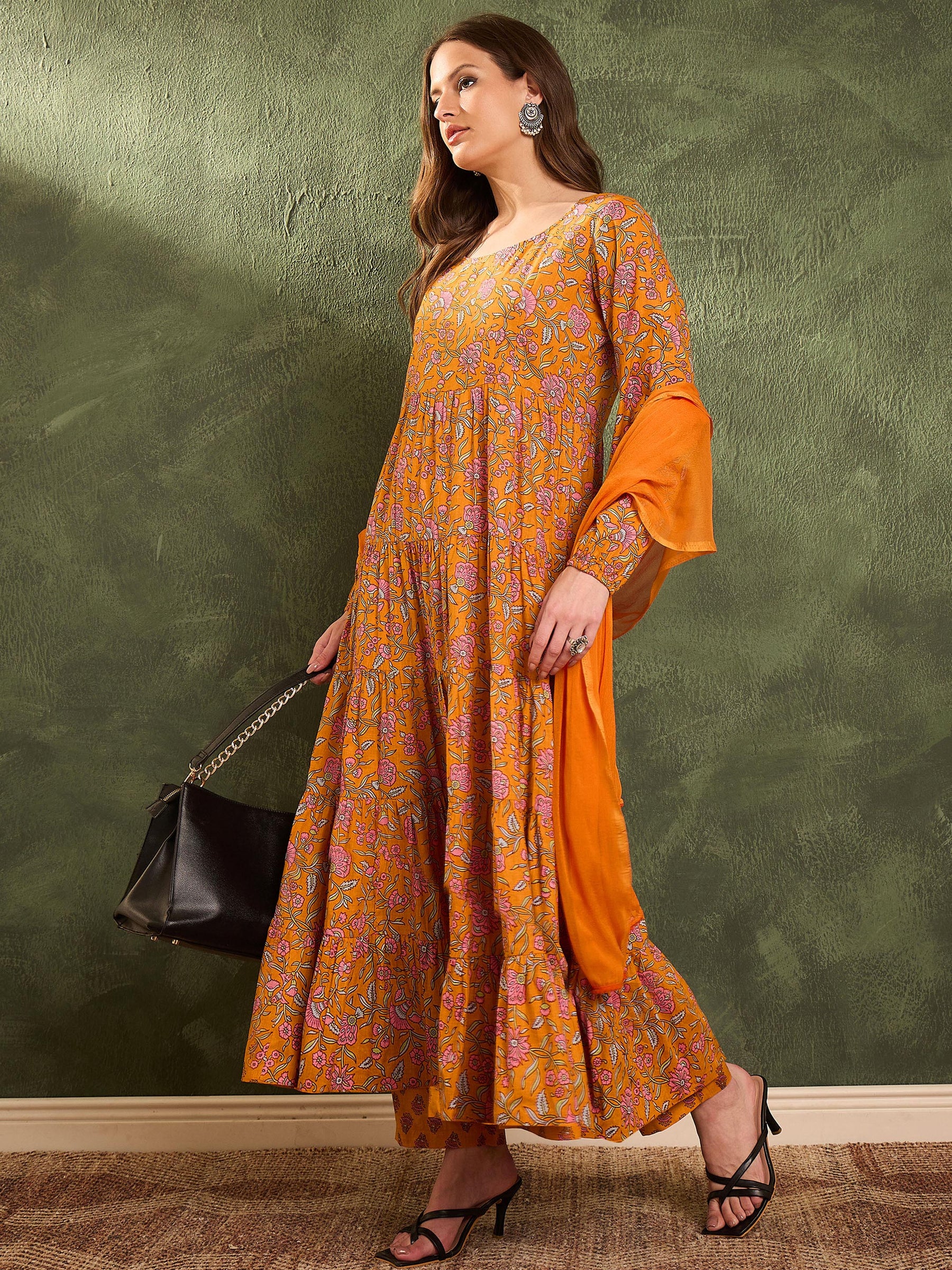 Mustard Floral Tiered Anarkali Kurta Set with Dupatta-Shae by SASSAFRAS