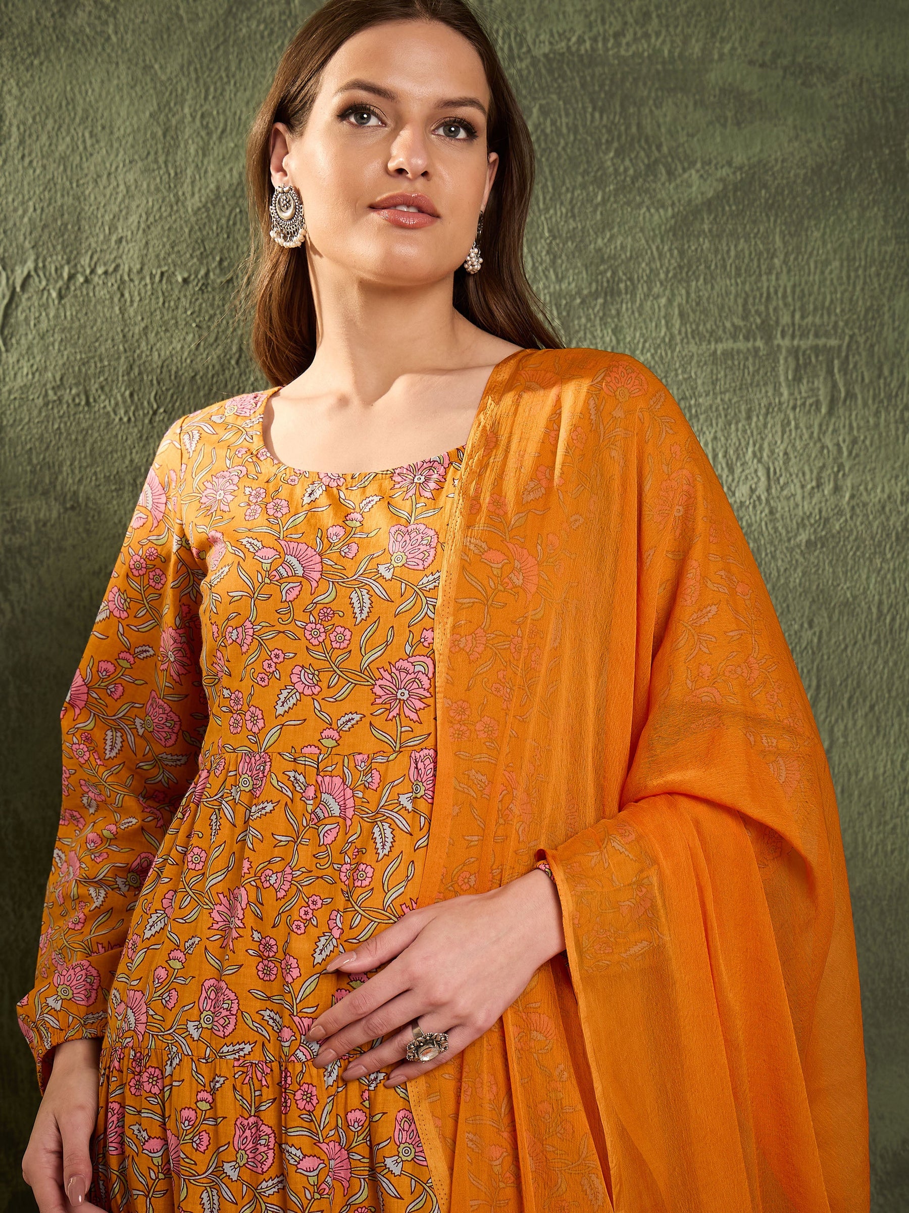 Mustard Floral Tiered Anarkali Kurta Set with Dupatta-Shae by SASSAFRAS