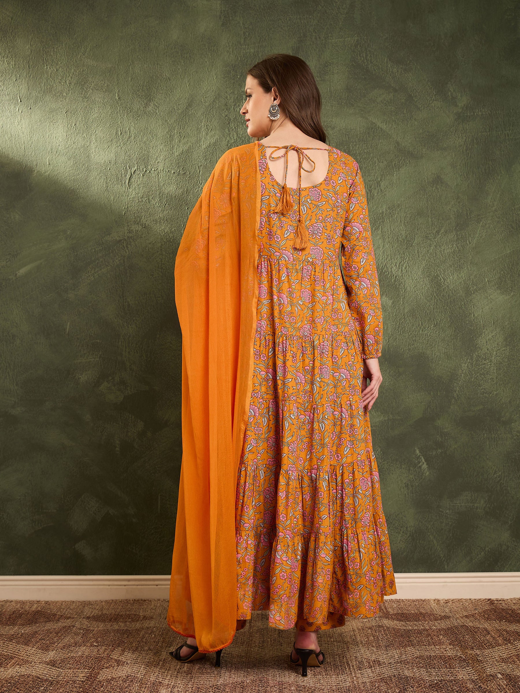 Mustard Floral Tiered Anarkali Kurta Set with Dupatta-Shae by SASSAFRAS