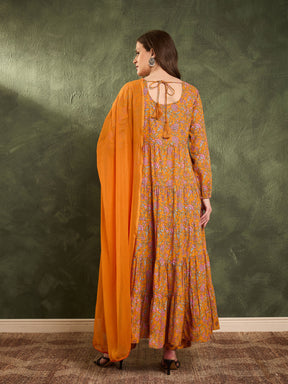 Mustard Floral Tiered Anarkali Kurta Set with Dupatta-Shae by SASSAFRAS