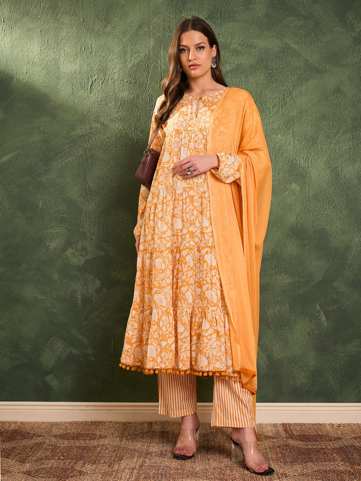 Yellow Floral Tiered Anarkali Kurta Set with Dupatta-Shae by SASSAFRAS