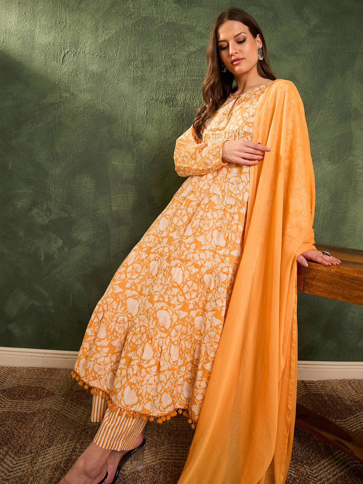 Yellow Floral Tiered Anarkali Kurta Set with Dupatta-Shae by SASSAFRAS