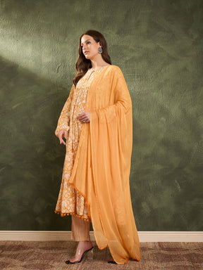 Yellow Floral Tiered Anarkali Kurta Set with Dupatta-Shae by SASSAFRAS