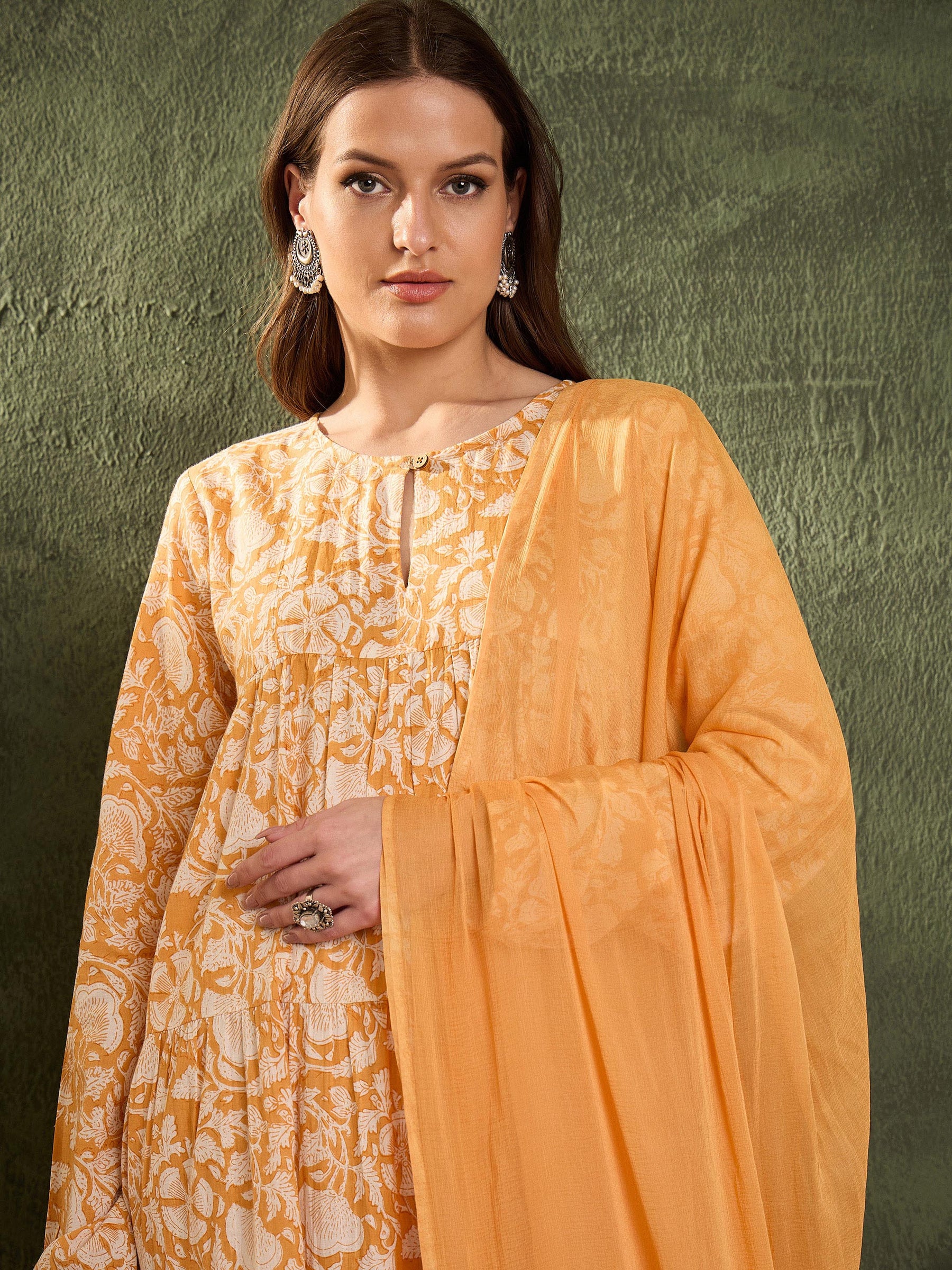 Yellow Floral Tiered Anarkali Kurta Set with Dupatta-Shae by SASSAFRAS