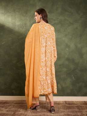Yellow Floral Tiered Anarkali Kurta Set with Dupatta-Shae by SASSAFRAS
