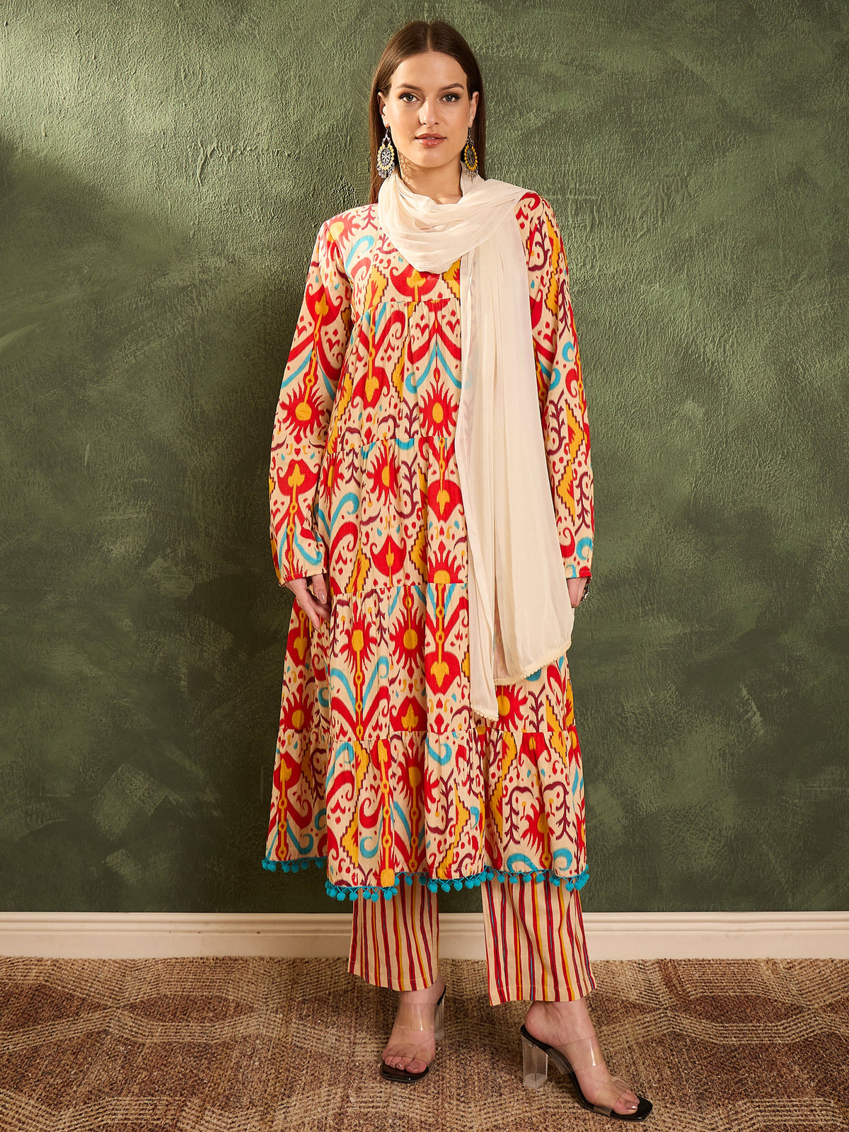 Red & Beige Ikat Tiered Anarkali Kurta Set with Dupatta-Shae by SASSAFRAS
