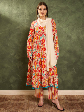 Red & Beige Ikat Tiered Anarkali Kurta Set with Dupatta-Shae by SASSAFRAS