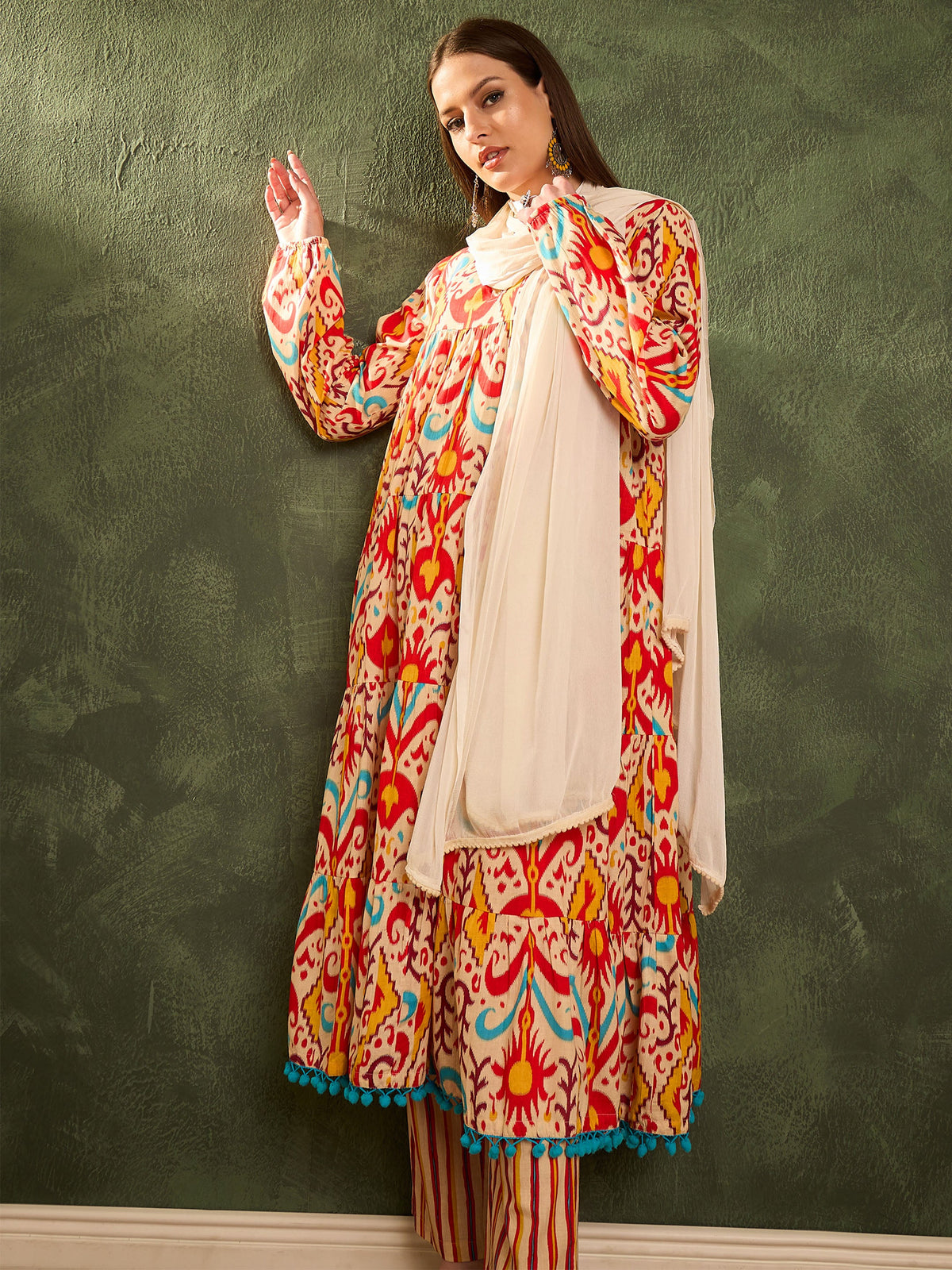 Red & Beige Ikat Tiered Anarkali Kurta Set with Dupatta-Shae by SASSAFRAS