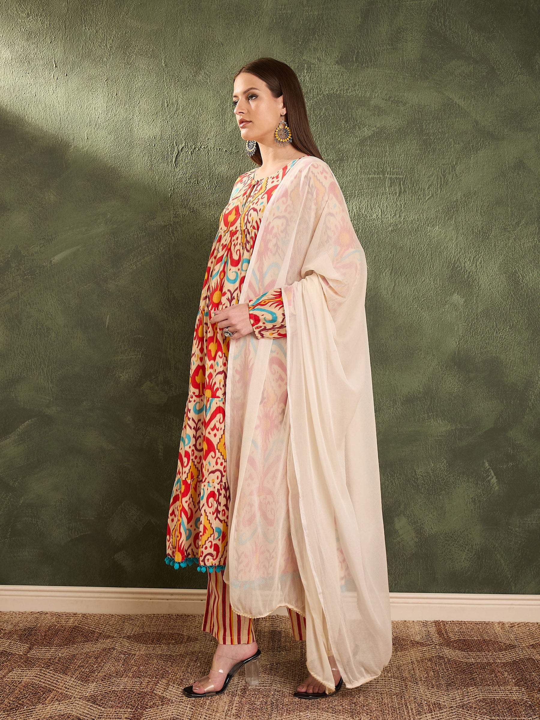Red & Beige Ikat Tiered Anarkali Kurta Set with Dupatta-Shae by SASSAFRAS
