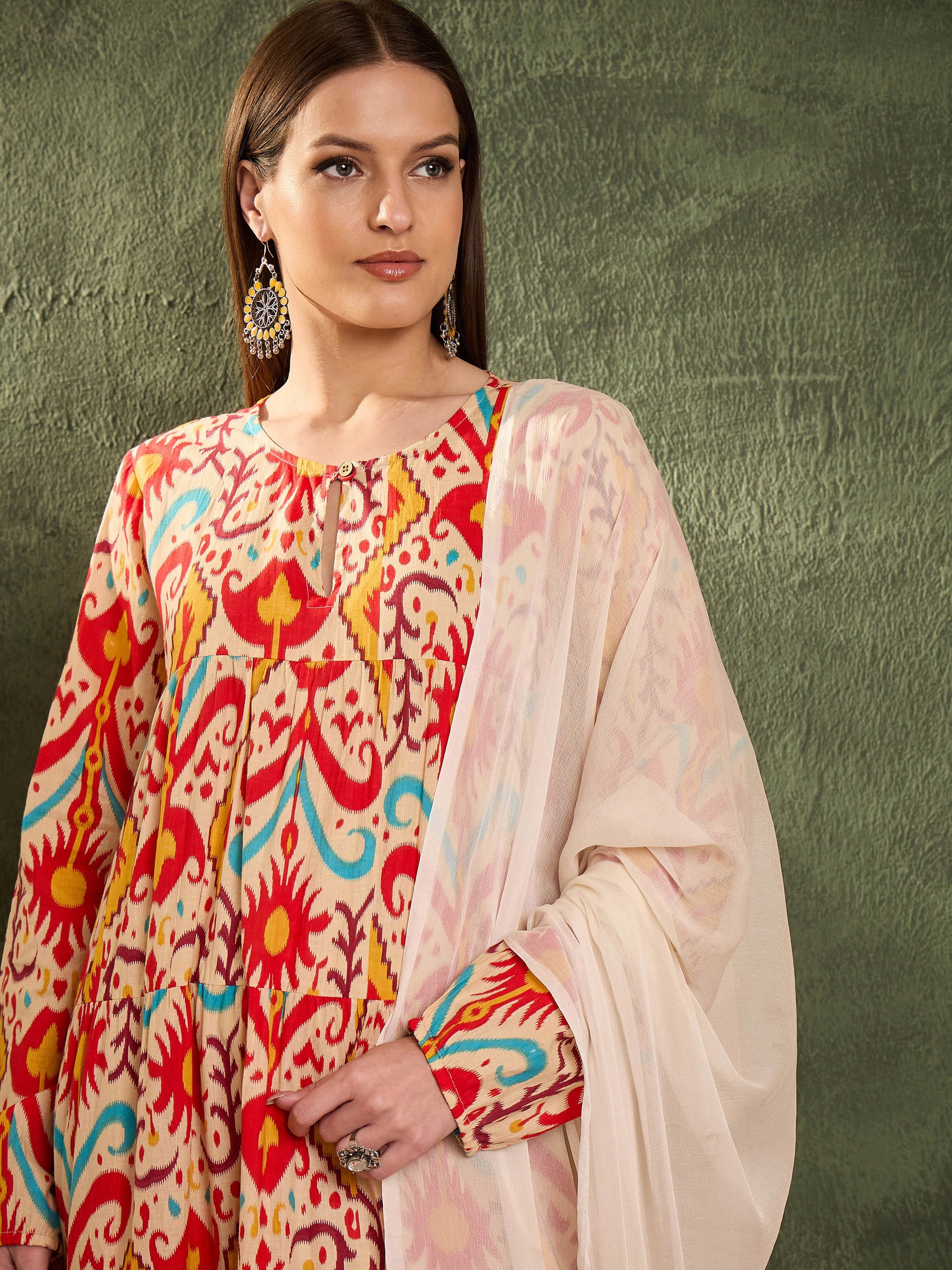 Red & Beige Ikat Tiered Anarkali Kurta Set with Dupatta-Shae by SASSAFRAS