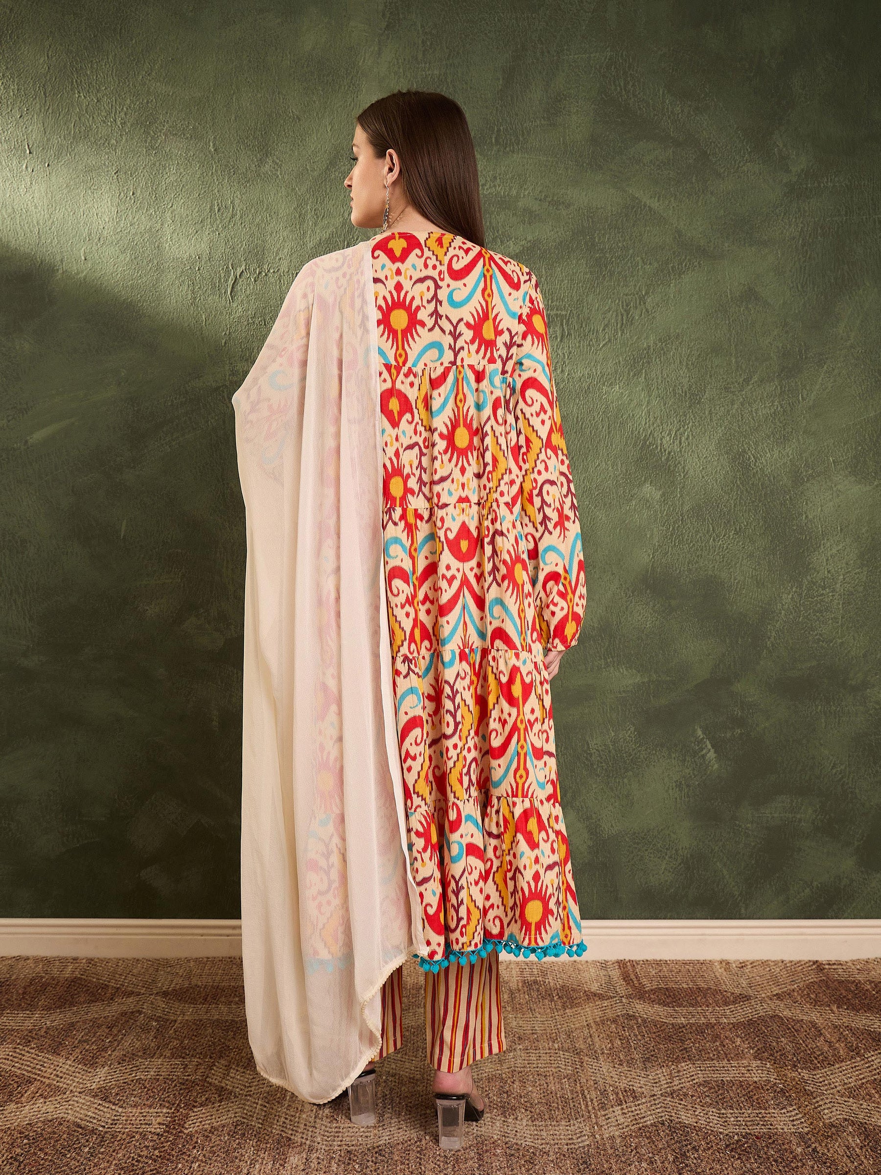 Red & Beige Ikat Tiered Anarkali Kurta Set with Dupatta-Shae by SASSAFRAS