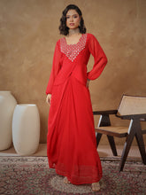 Red Embroidered Square Neck Top With Drape Skirt-Shae By SASSAFRAS