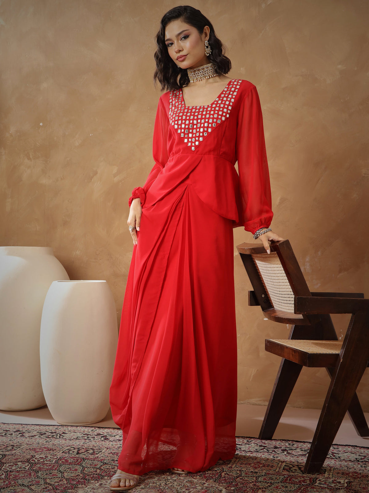 Red Embroidered Square Neck Top With Drape Skirt-Shae By SASSAFRAS