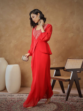 Red Embroidered Square Neck Top With Drape Skirt-Shae By SASSAFRAS