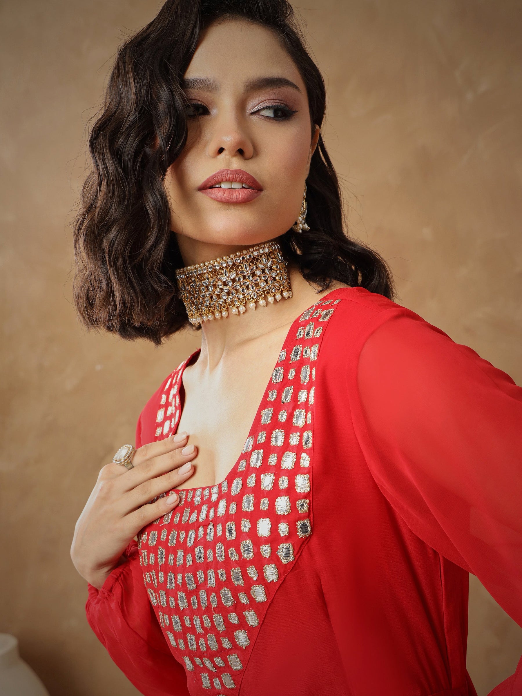 Red Embroidered Square Neck Top With Drape Skirt-Shae By SASSAFRAS