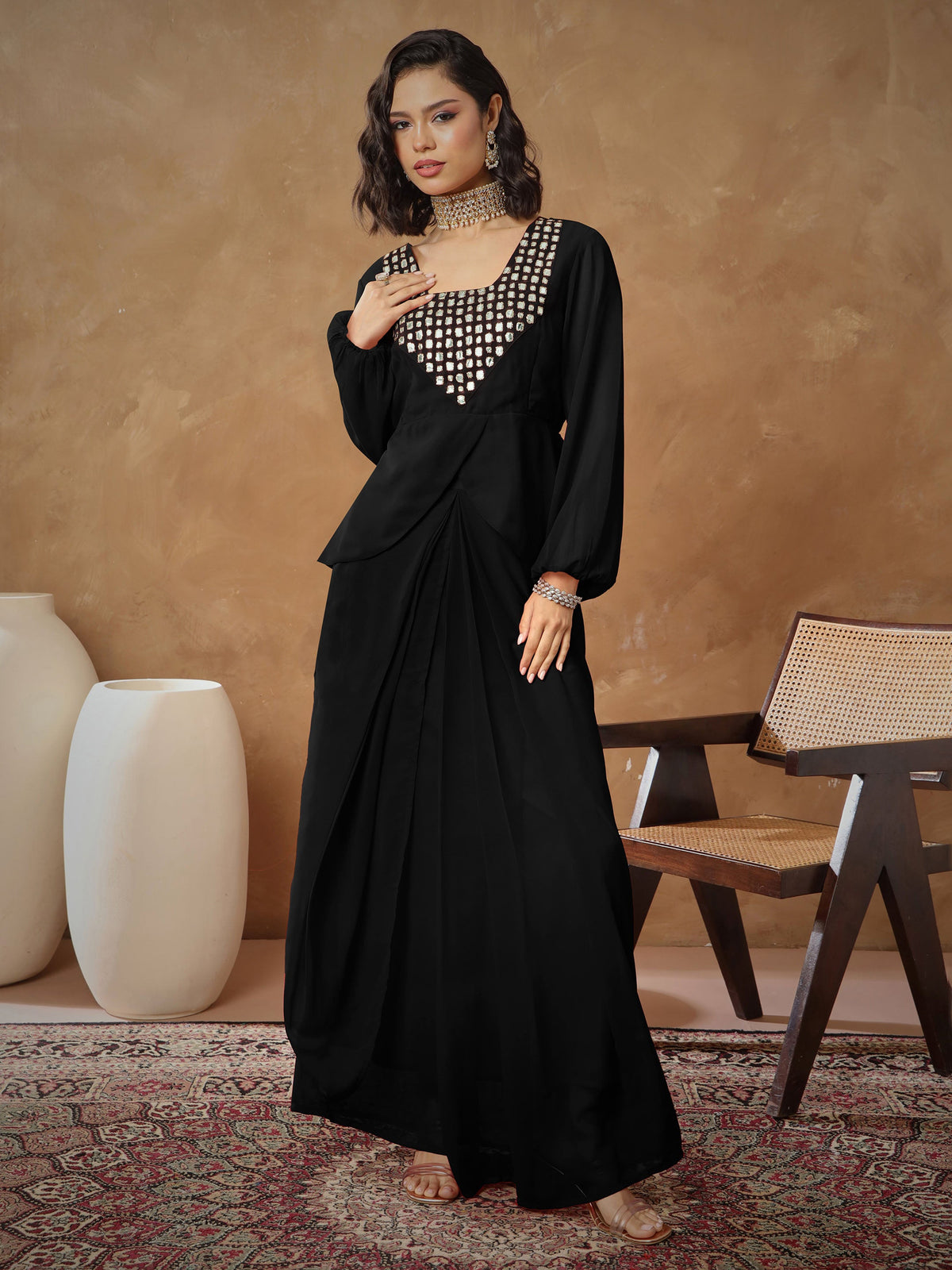 Black Embroidered Square Neck Top With Drape Skirt -Shae By SASSAFRAS