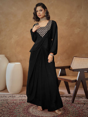 Black Embroidered Square Neck Top With Drape Skirt -Shae By SASSAFRAS