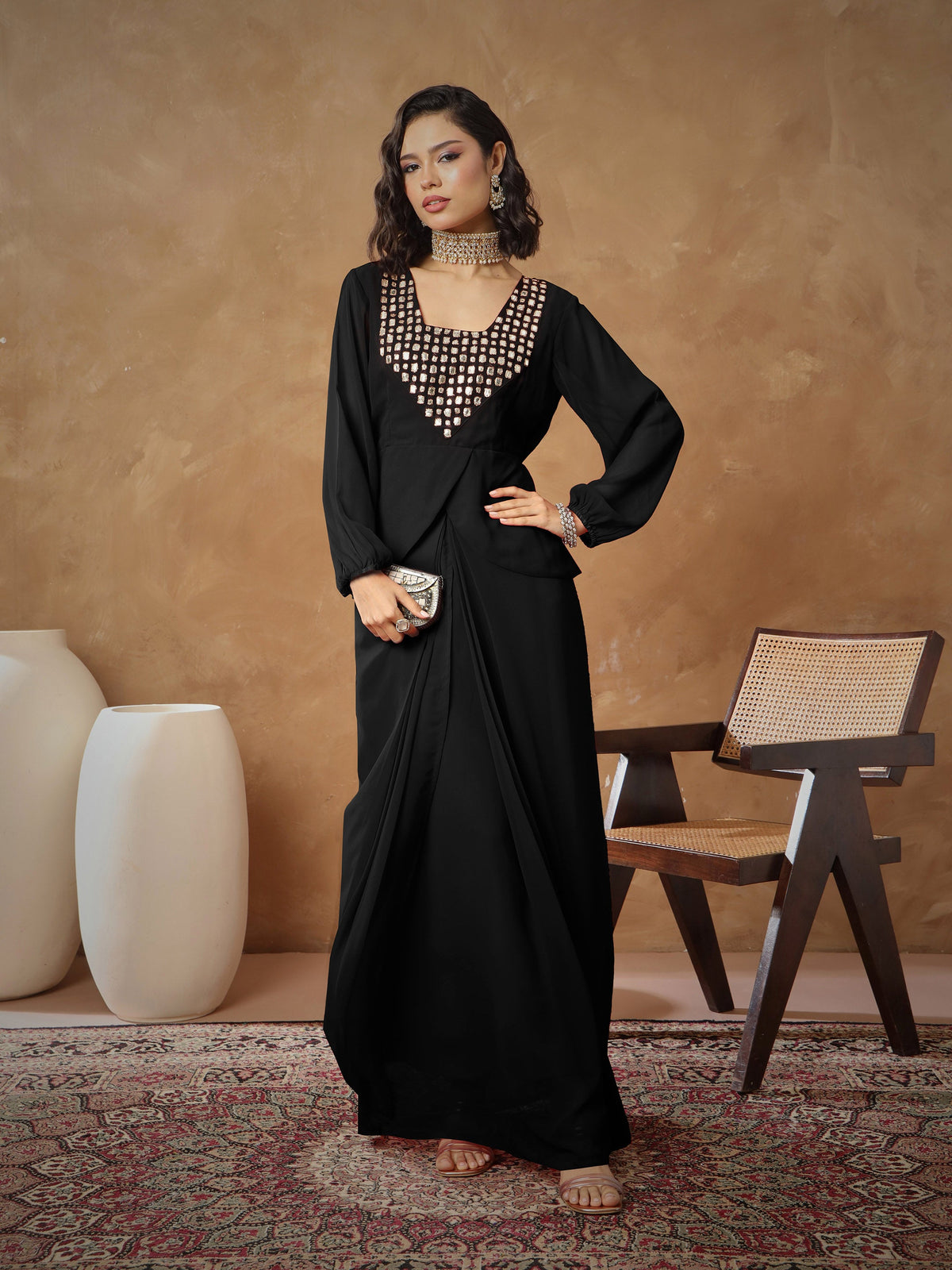 Black Embroidered Square Neck Top With Drape Skirt -Shae By SASSAFRAS