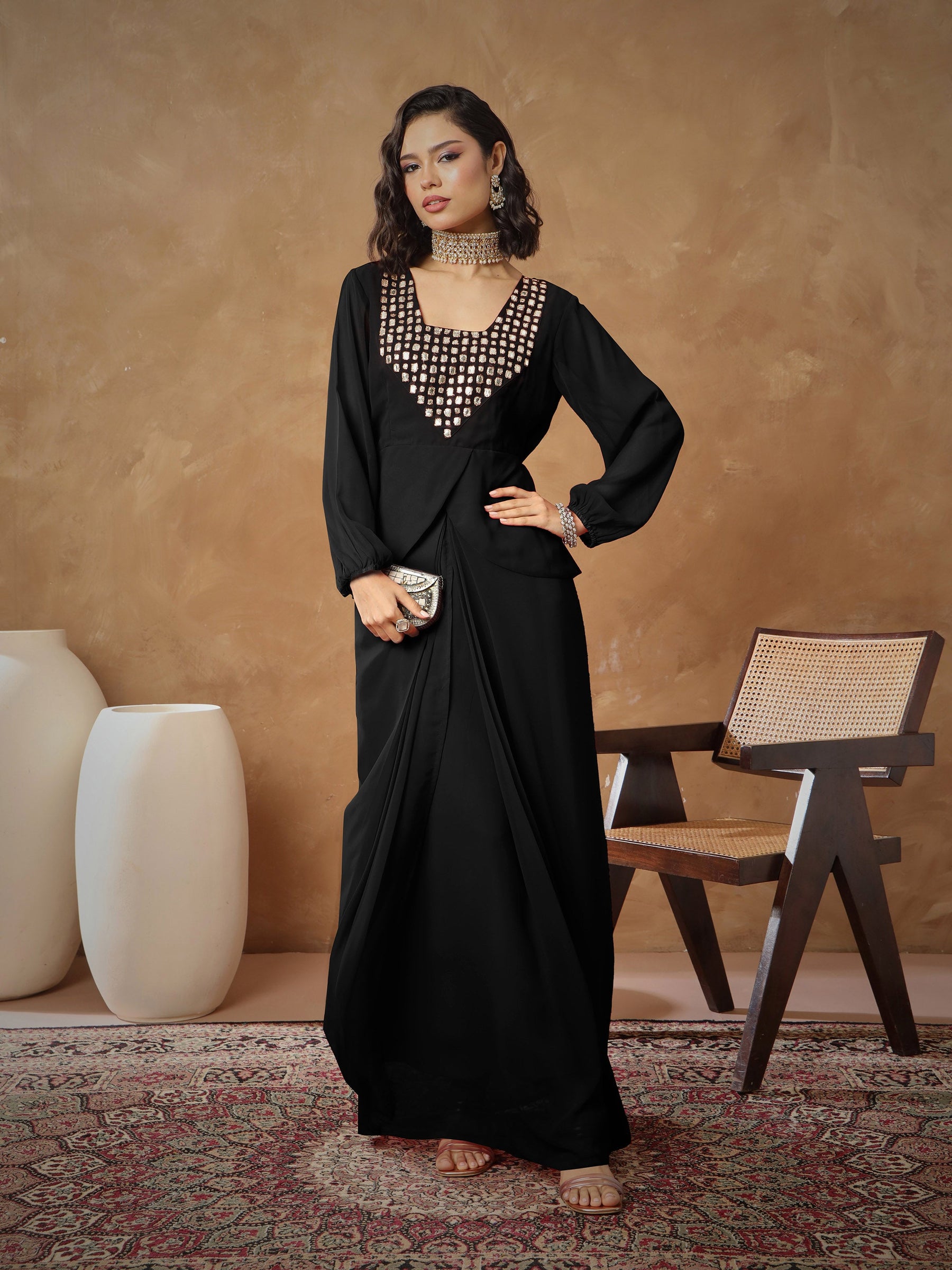 Black Embroidered Square Neck Top With Drape Skirt -Shae By SASSAFRAS