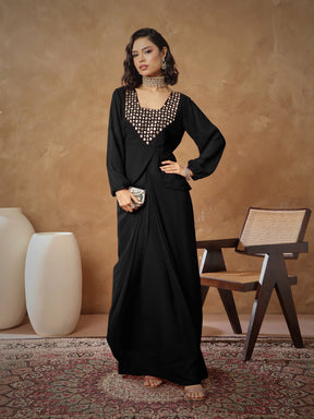 Black Embroidered Square Neck Top With Drape Skirt -Shae By SASSAFRAS