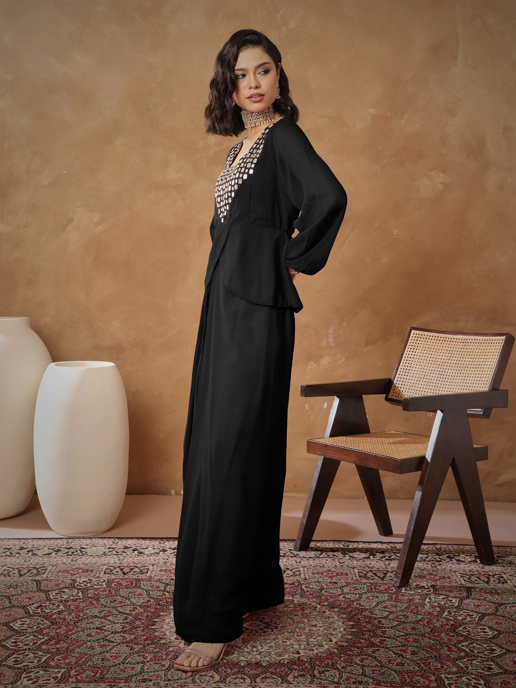 Black Embroidered Square Neck Top With Drape Skirt -Shae By SASSAFRAS