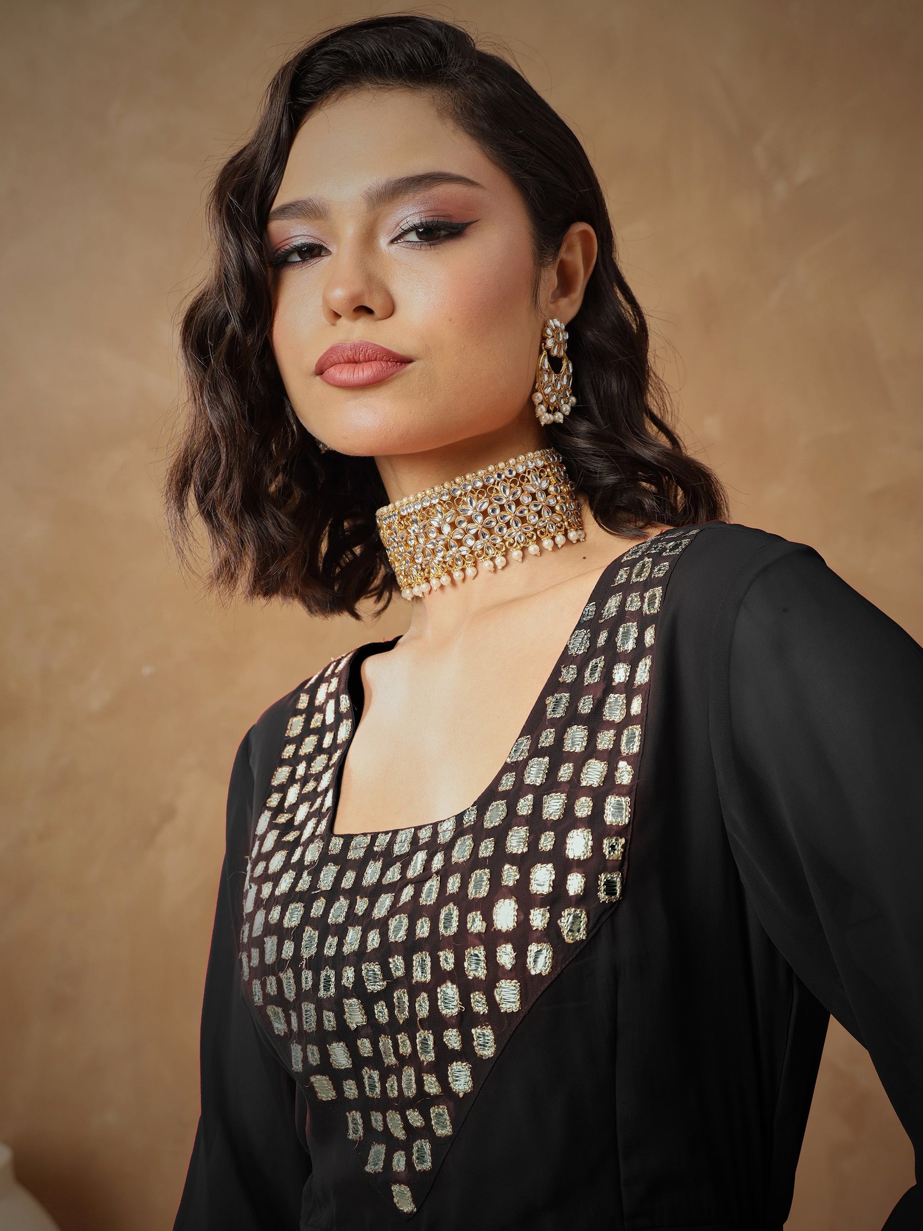 Black Embroidered Square Neck Top With Drape Skirt -Shae By SASSAFRAS