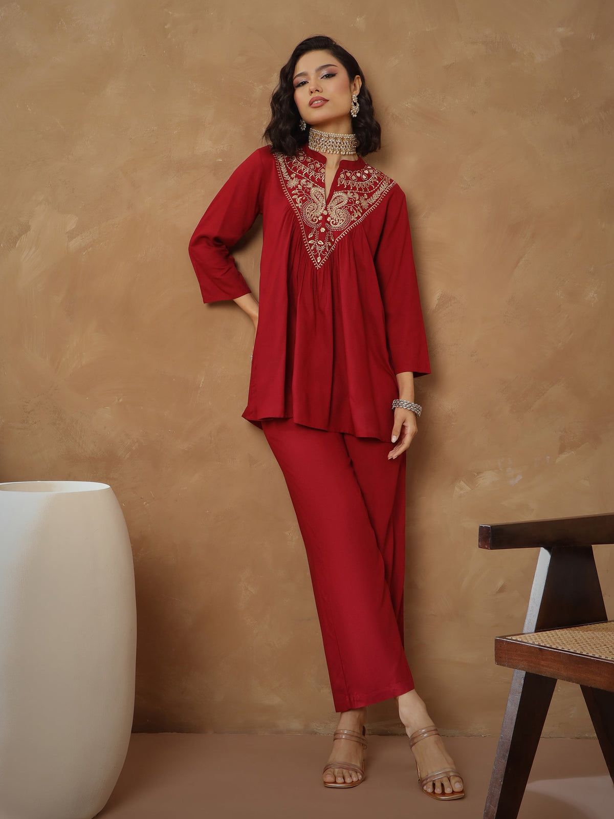 Maroon Embroidered Peplum Top With Pants -Shae By SASSAFRAS