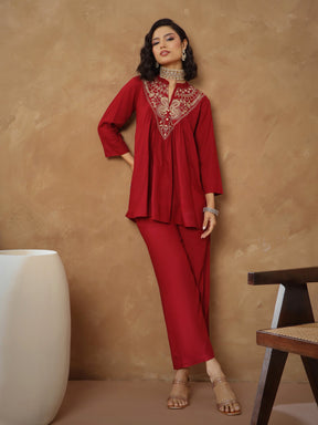 Maroon Embroidered Peplum Top With Pants -Shae By SASSAFRAS