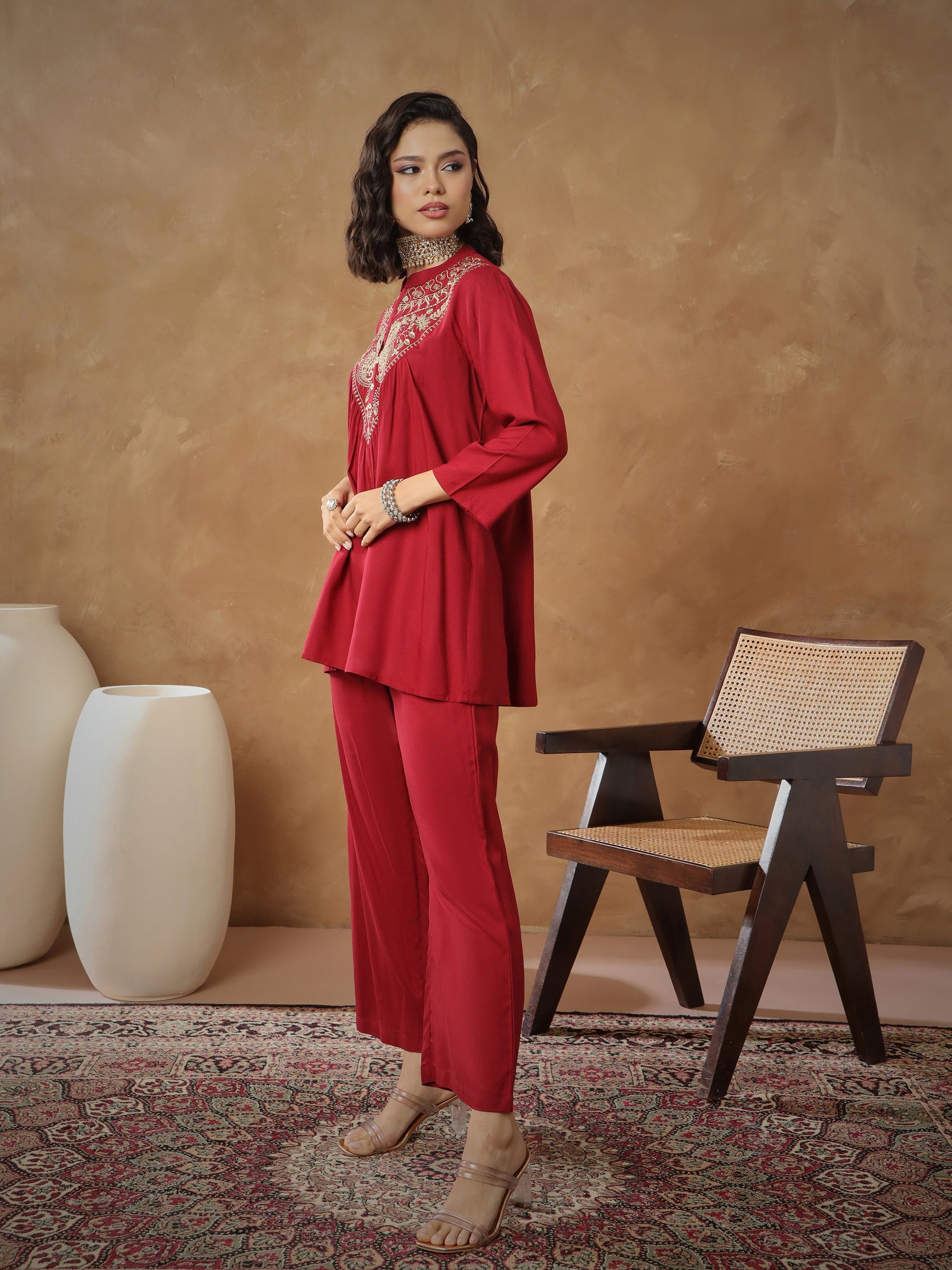 Maroon Embroidered Peplum Top With Pants -Shae By SASSAFRAS