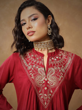 Maroon Embroidered Peplum Top With Pants -Shae By SASSAFRAS