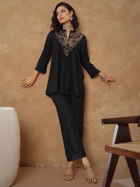 Black Embroidered Peplum Top With Pants-Shae By SASSAFRAS