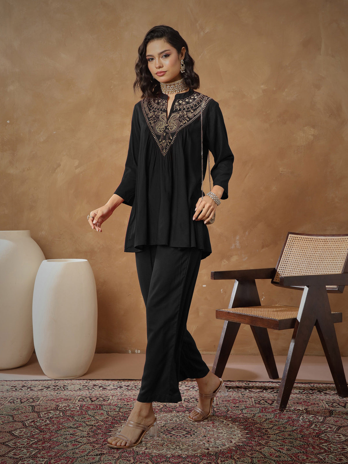 Black Embroidered Peplum Top With Pants-Shae By SASSAFRAS