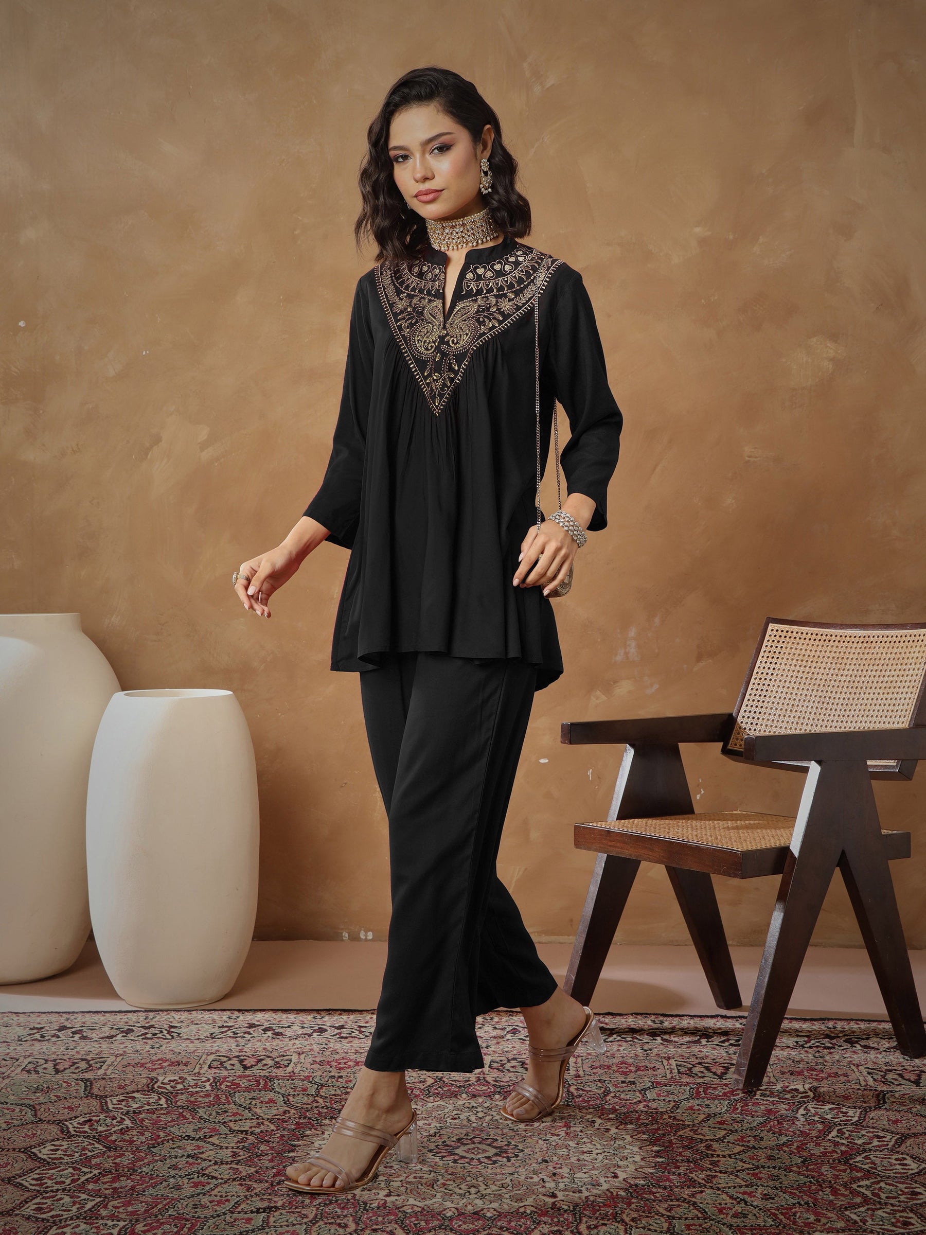 Black Embroidered Peplum Top With Pants-Shae By SASSAFRAS