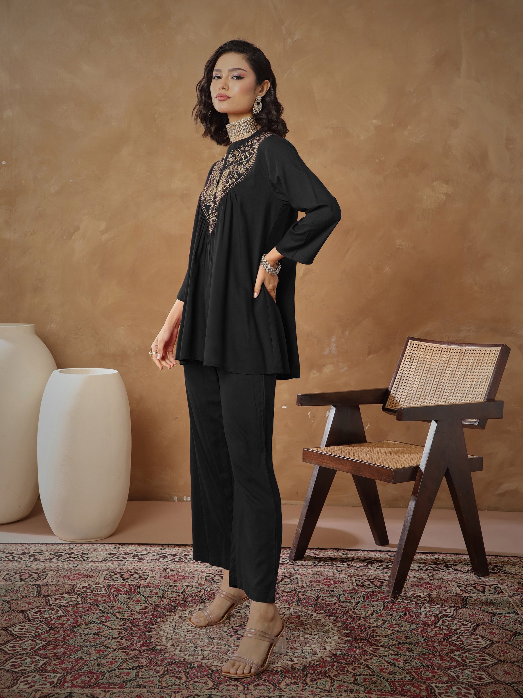 Black Embroidered Peplum Top With Pants-Shae By SASSAFRAS
