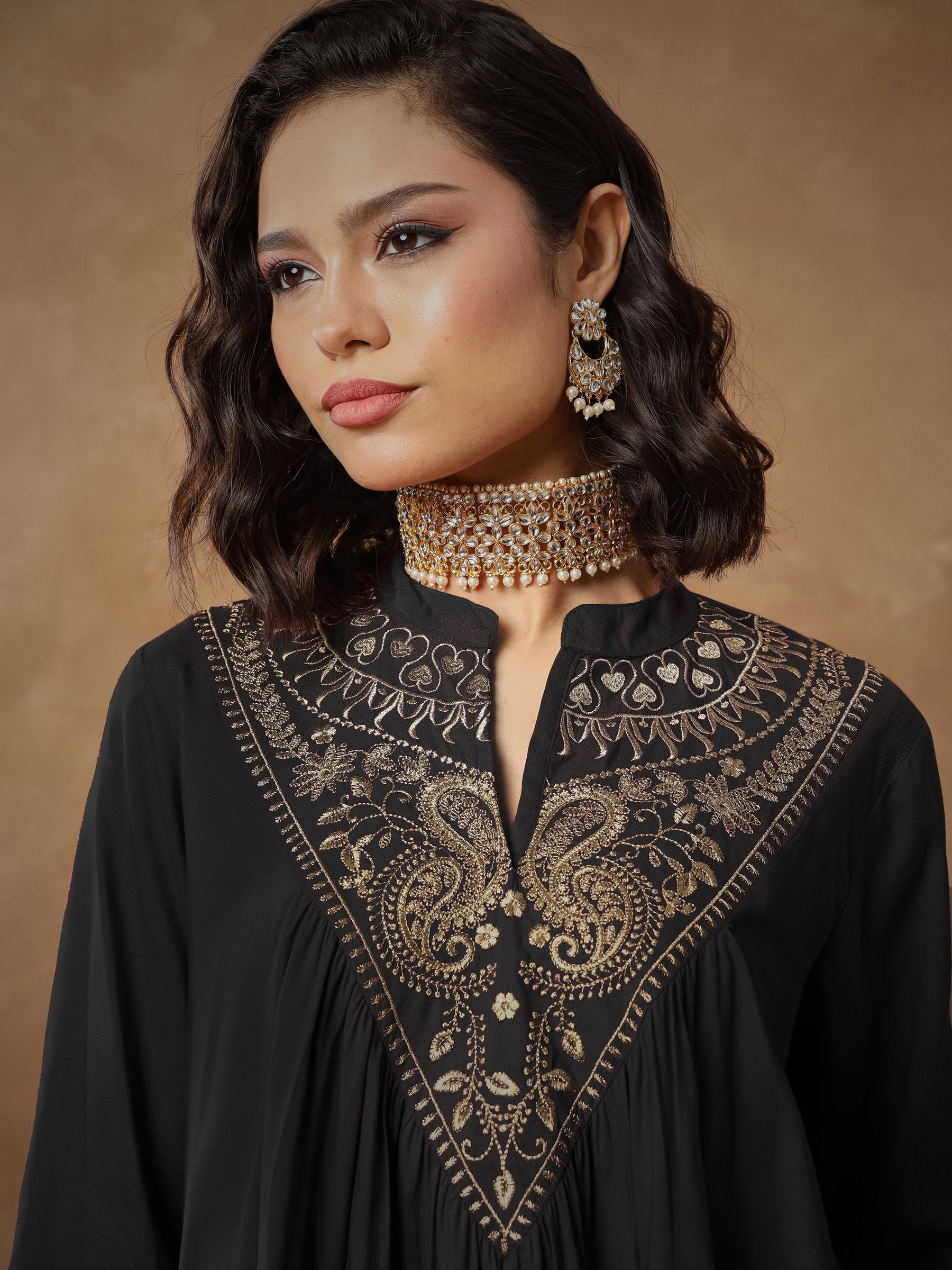 Black Embroidered Peplum Top With Pants-Shae By SASSAFRAS