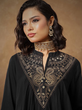 Black Embroidered Peplum Top With Pants-Shae By SASSAFRAS