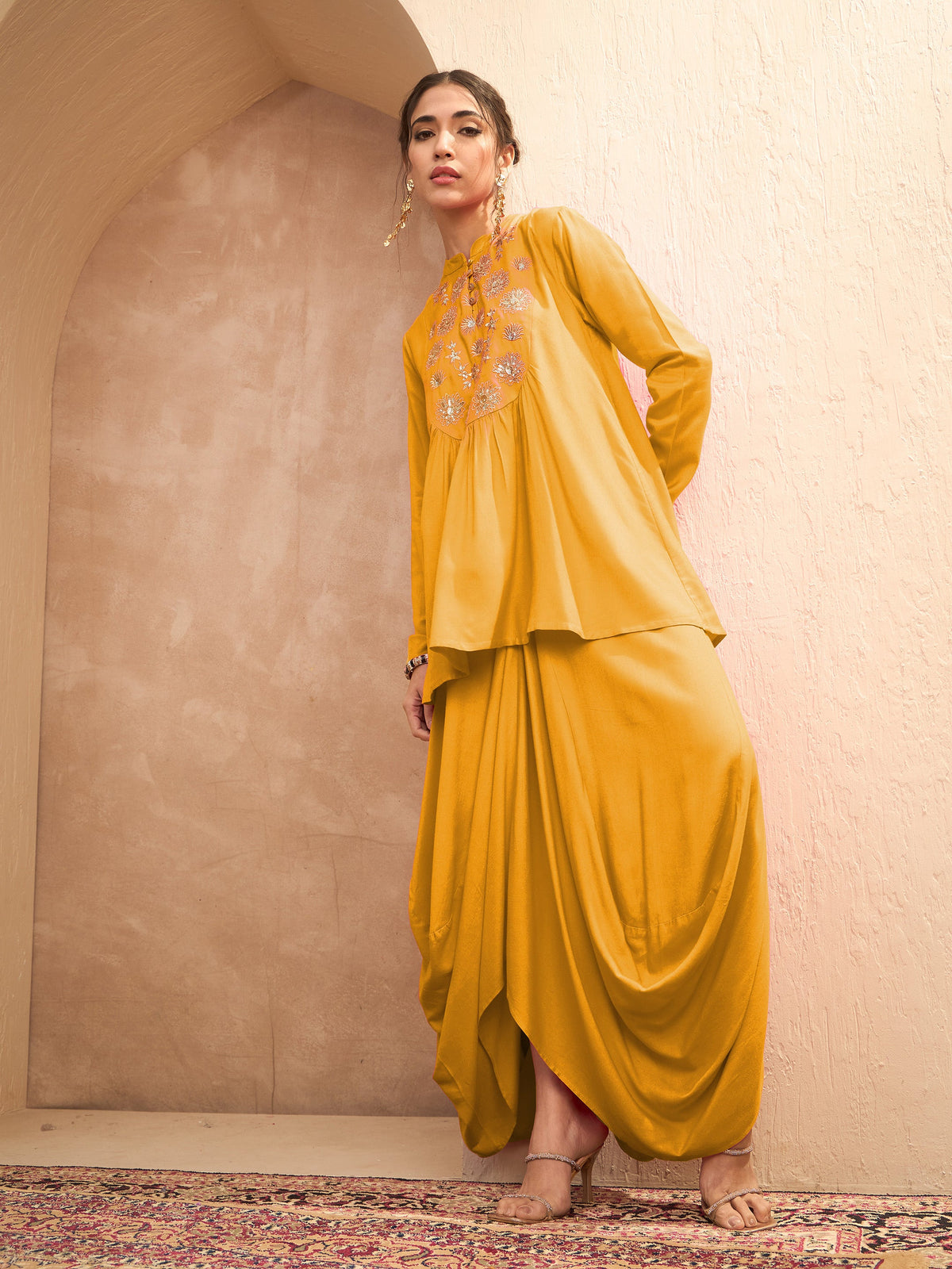 Mustard Embroidered Peplum Top With Dhoti Skirt-Shae By SASSAFRAS