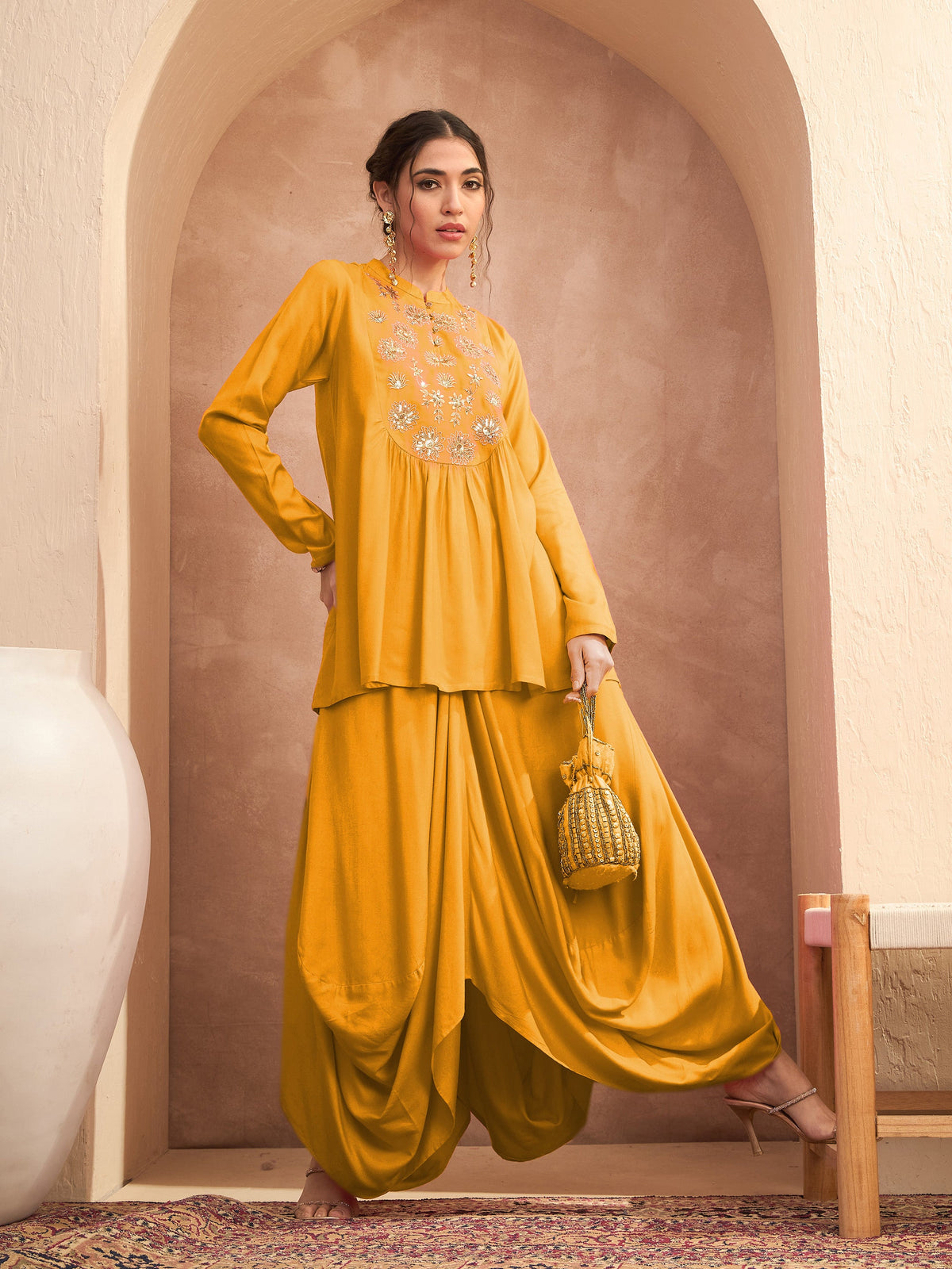 Mustard Embroidered Peplum Top With Dhoti Skirt-Shae By SASSAFRAS