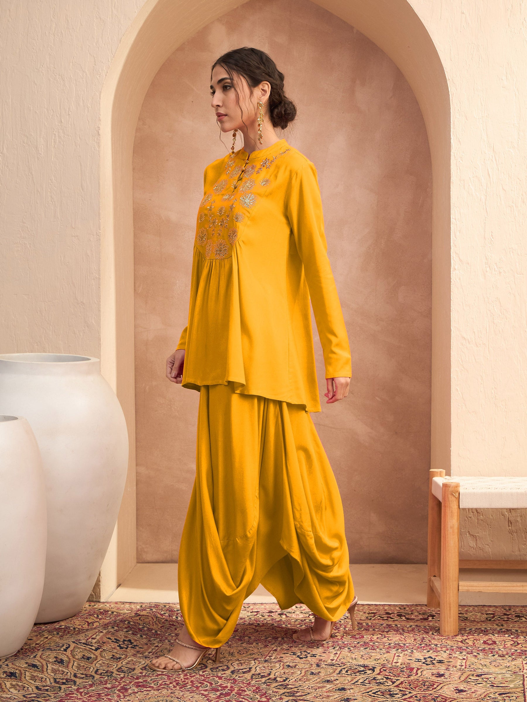 Mustard Embroidered Peplum Top With Dhoti Skirt-Shae By SASSAFRAS