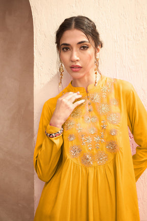 Mustard Embroidered Peplum Top With Dhoti Skirt-Shae By SASSAFRAS