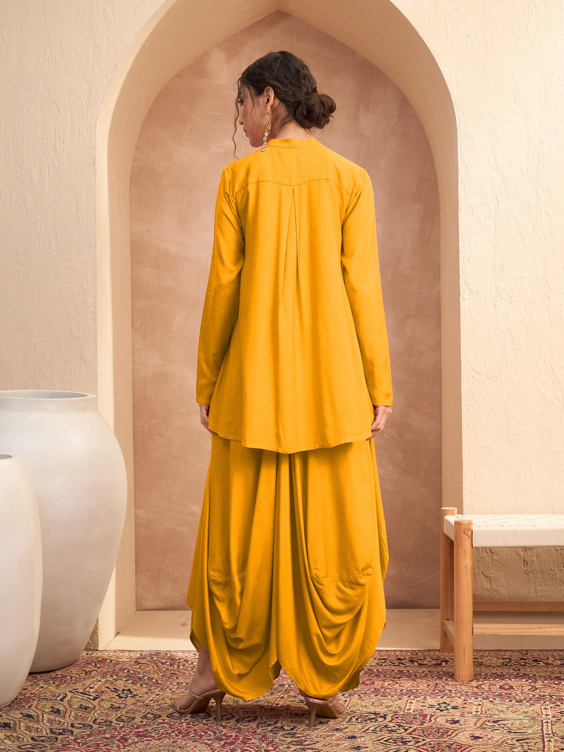 Mustard Embroidered Peplum Top With Dhoti Skirt-Shae By SASSAFRAS