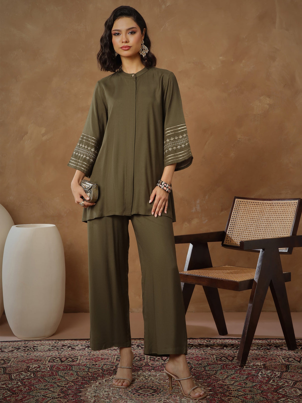 Olive Zari Embroidered Sleeves Top With Pants-Shae By SASSAFRAS