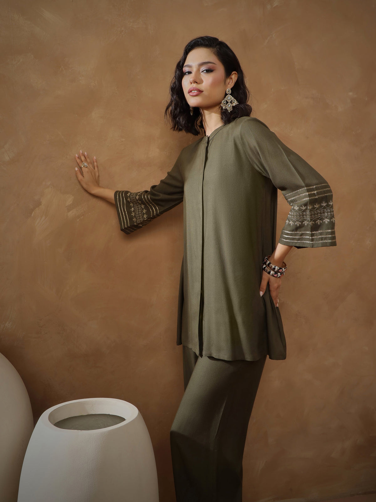 Olive Zari Embroidered Sleeves Top With Pants-Shae By SASSAFRAS
