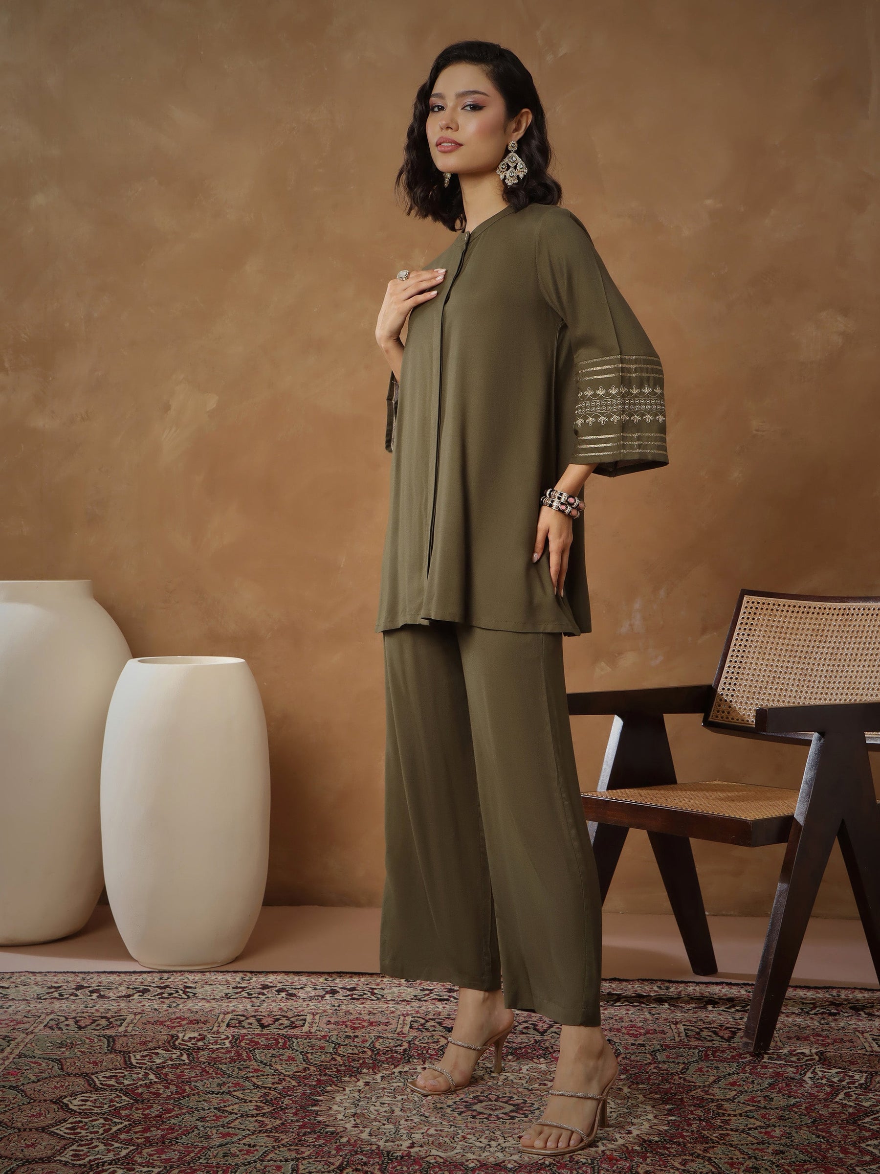 Olive Zari Embroidered Sleeves Top With Pants-Shae By SASSAFRAS