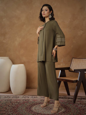 Olive Zari Embroidered Sleeves Top With Pants-Shae By SASSAFRAS