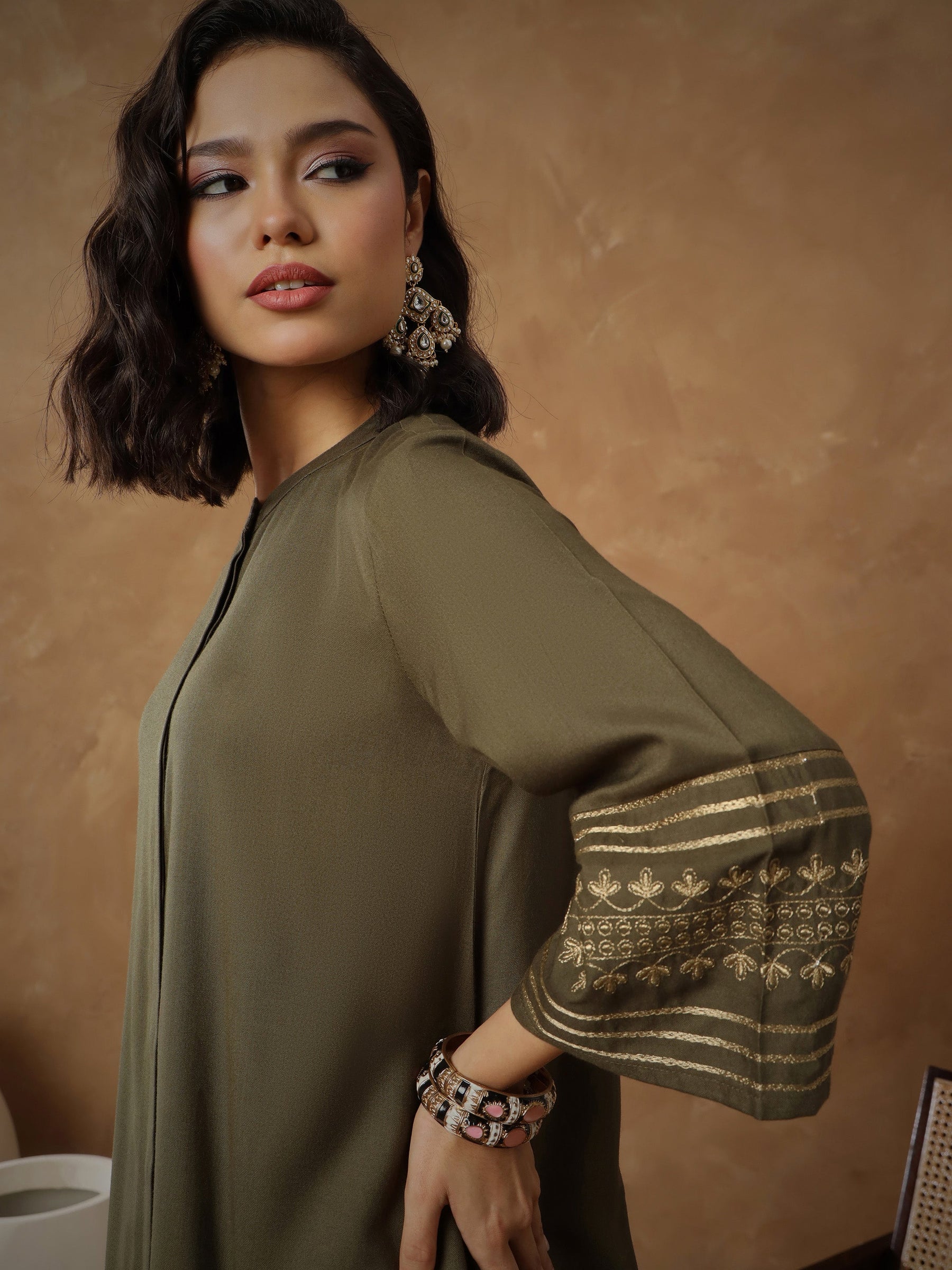 Olive Zari Embroidered Sleeves Top With Pants-Shae By SASSAFRAS