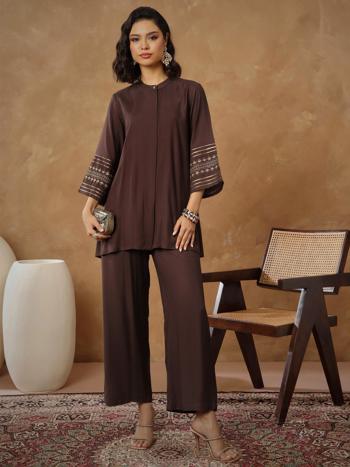 Brown Zari Embroidered Sleeve Top With Pants-Shae By SASSAFRAS