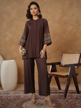 Brown Zari Embroidered Sleeve Top With Pants-Shae By SASSAFRAS