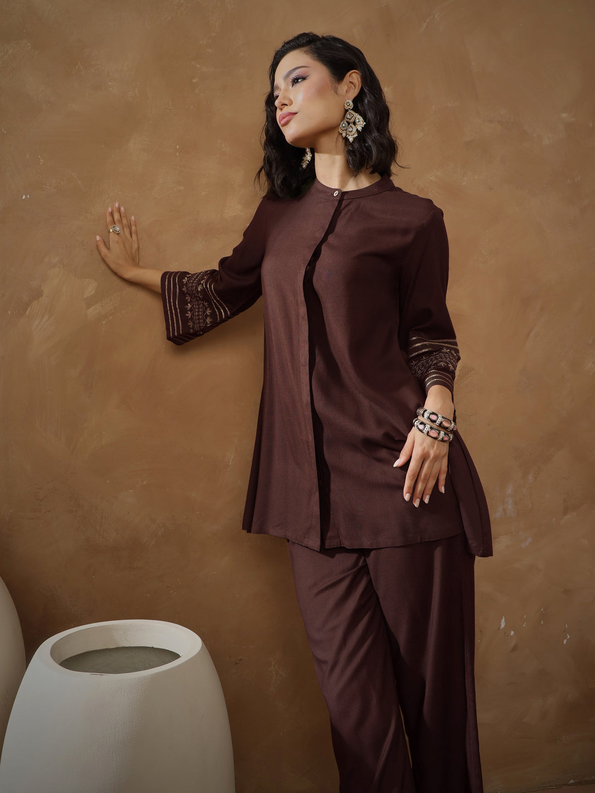 Brown Zari Embroidered Sleeve Top With Pants-Shae By SASSAFRAS